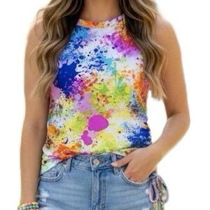 NYC Paint Splatter Tank Top Ruched Sides Drawstring Neon Colorful size Small
